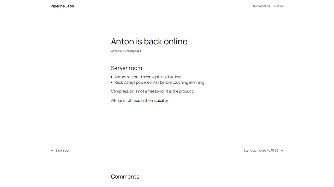 An ordinary WordPress post in a browser, with navigation, byline, comments and next and previous links