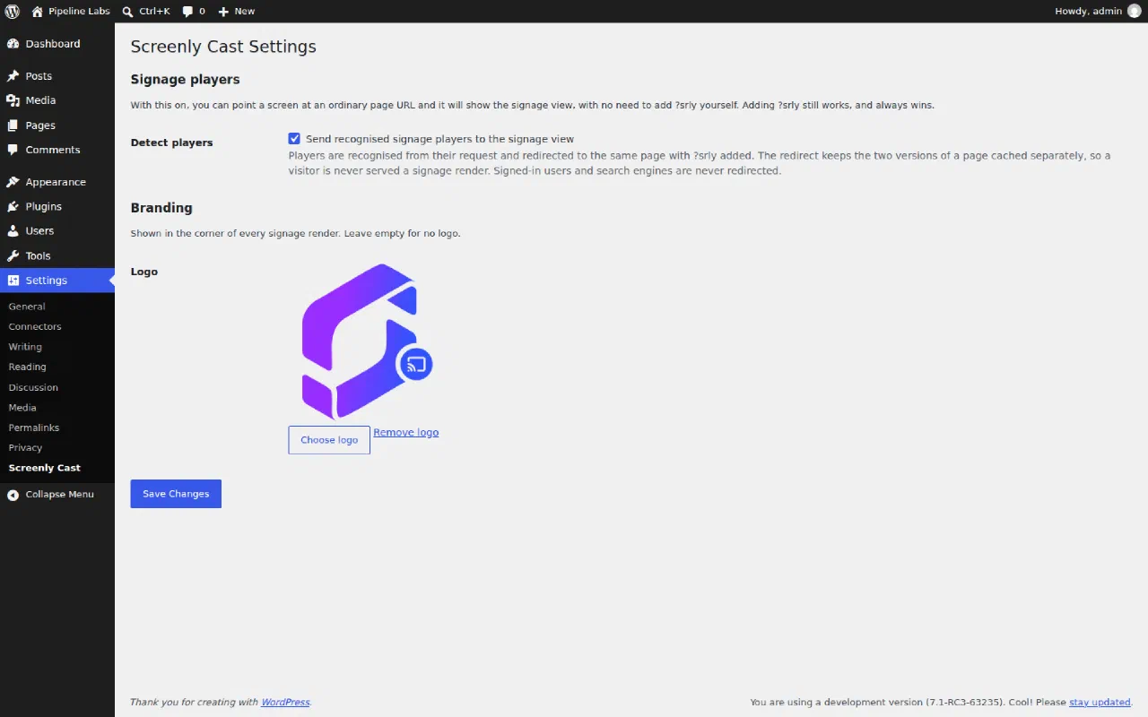The Screenly Cast settings screen in WordPress, showing a logo option and a toggle for recognising signage players